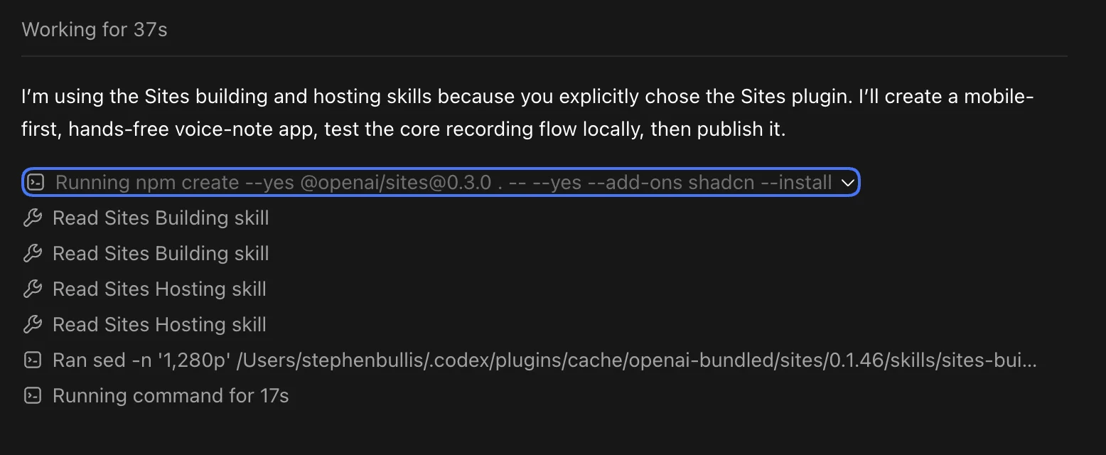 ChatGPT task log showing Sites building and hosting instructions and the OpenAI Sites project command