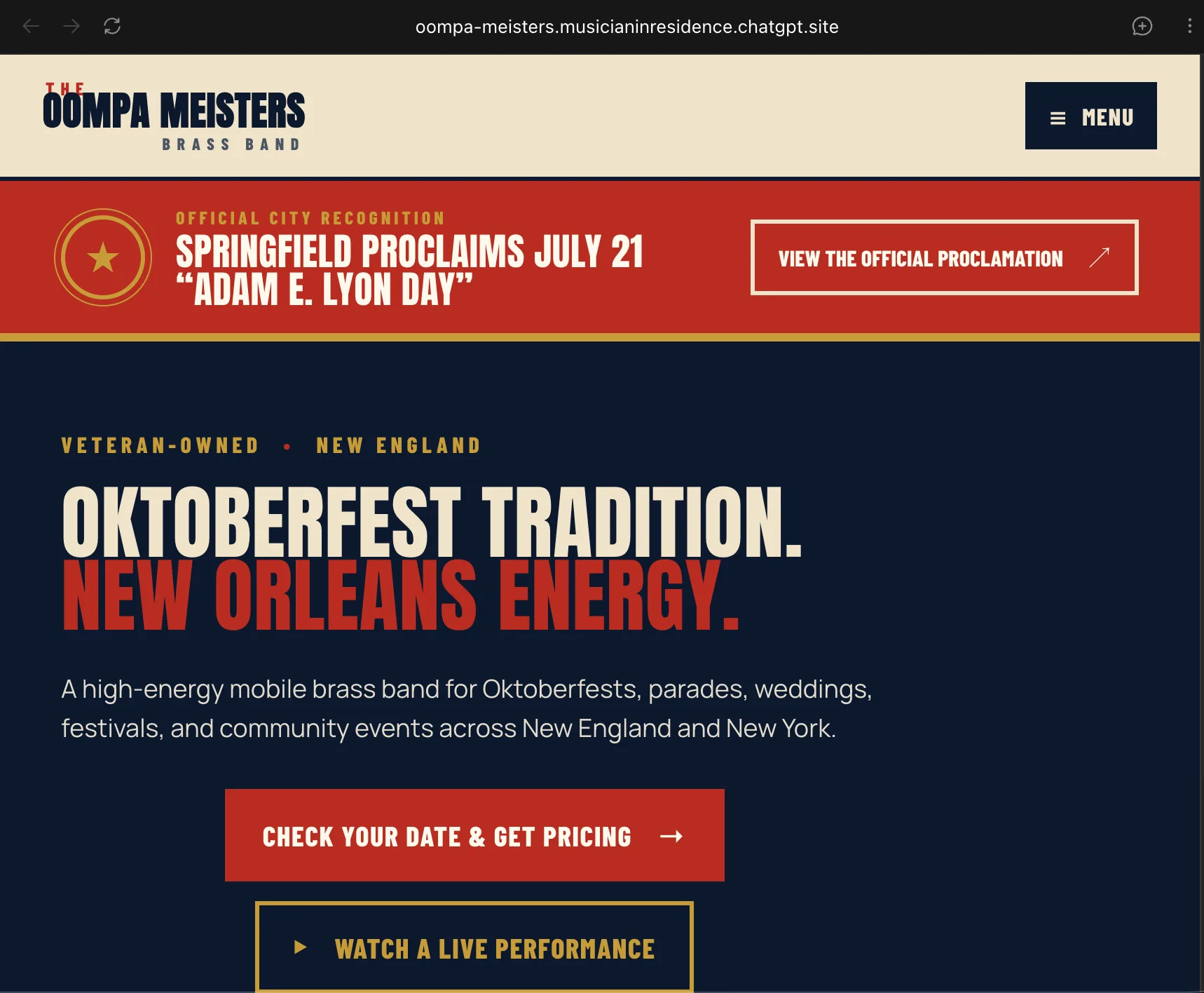 The Oompa Meisters ChatGPT Site homepage with a cream, red, and navy layout, band logo, proclamation banner, Oktoberfest headline, and booking and video calls to action