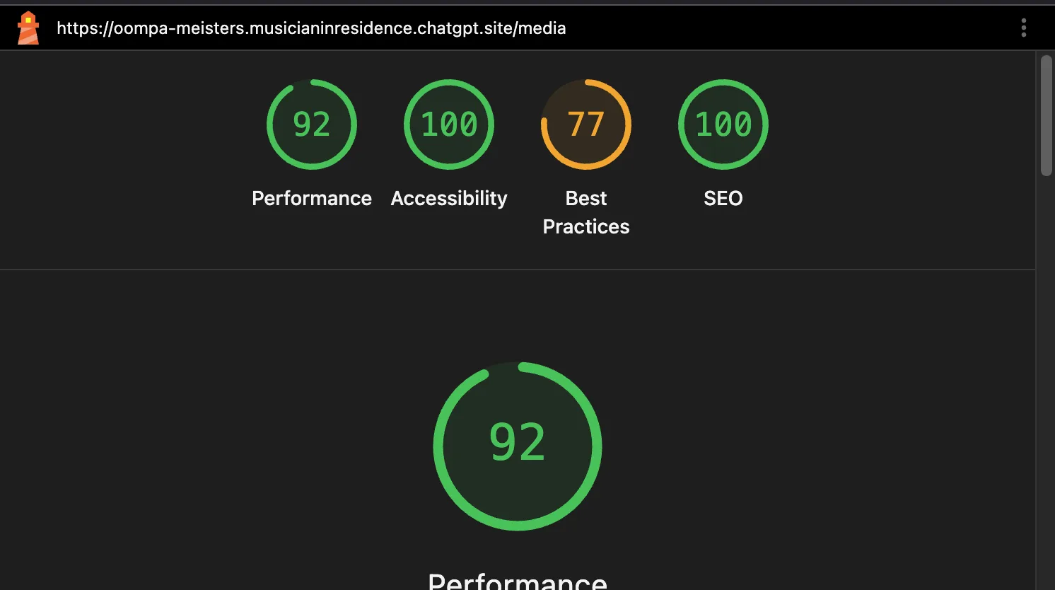 Lighthouse report for the Oompa Meisters media page showing scores of 92 for performance, 100 for accessibility, 77 for best practices, and 100 for SEO