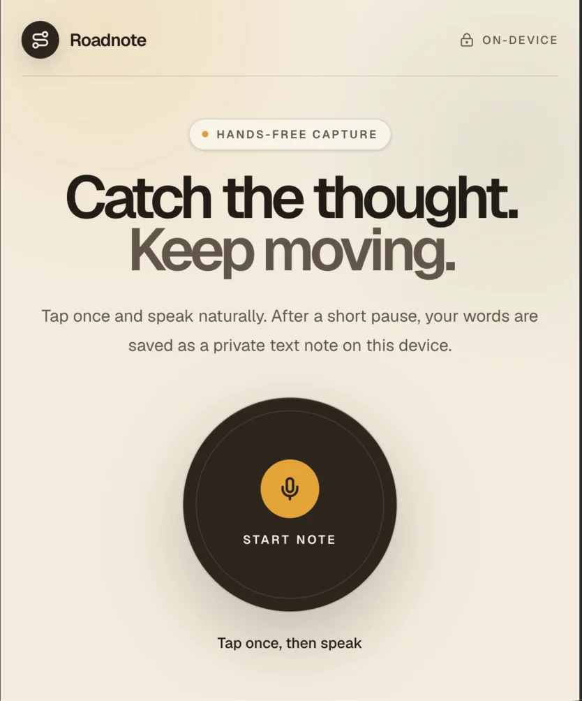 Roadnote mobile interface with a large Start Note microphone button