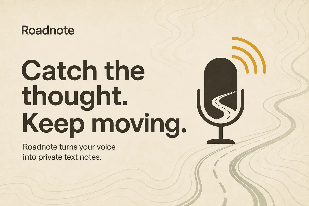 Roadnote social sharing card with a microphone, road illustration, and Catch the thought Keep moving headline