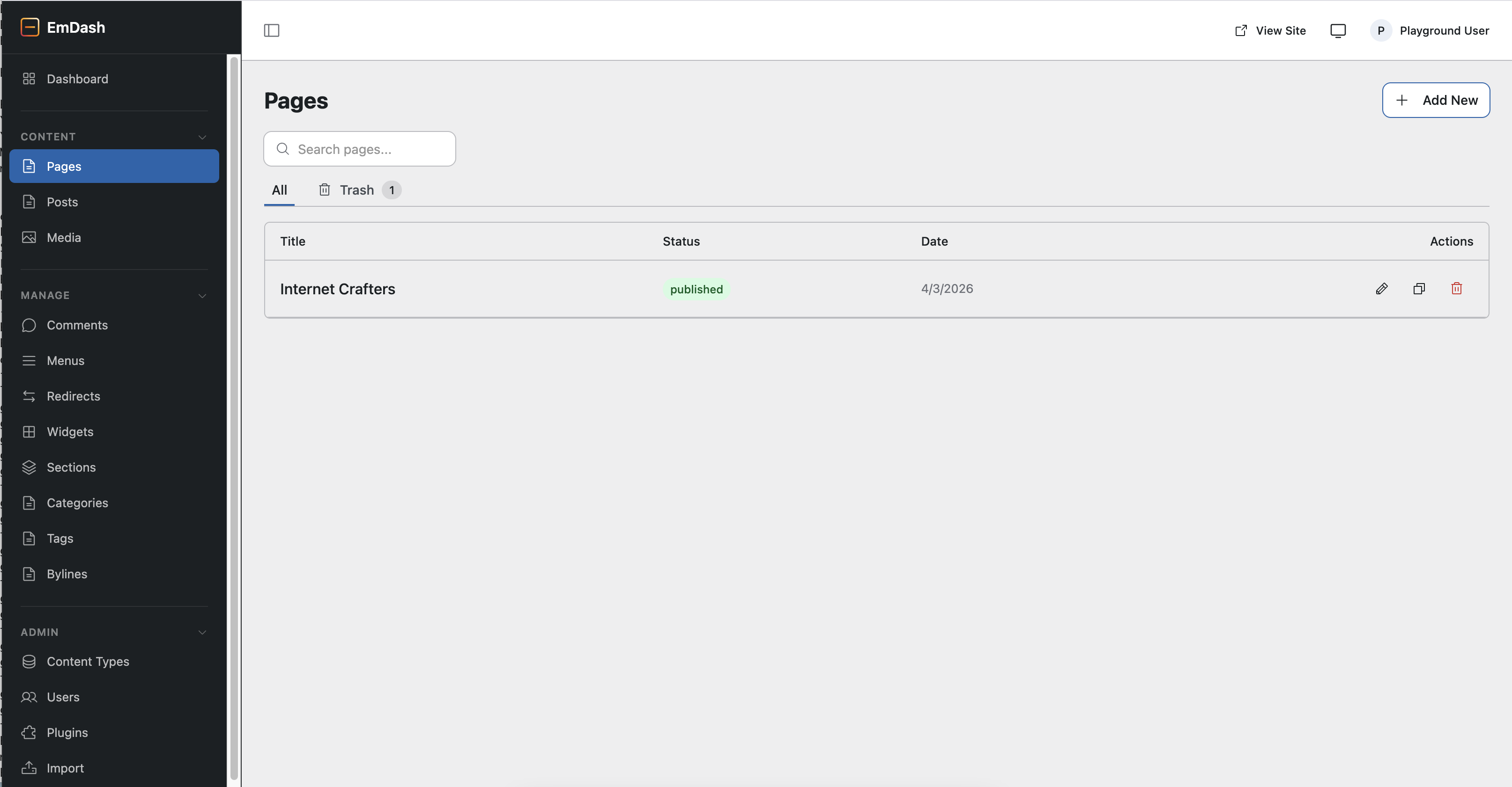 EmDash CMS dashboard showing Internet Crafters page published
