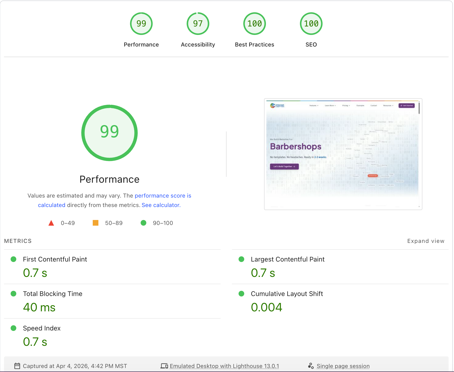 Google Lighthouse audit showing Performance 99, Accessibility 97, Best Practices 100, SEO 100 for internetcrafters.com. Captured April 4, 2026.